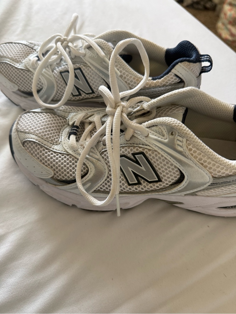 New Balance Kids White and Navy Athletic Sneakers - Picture 2 of 4